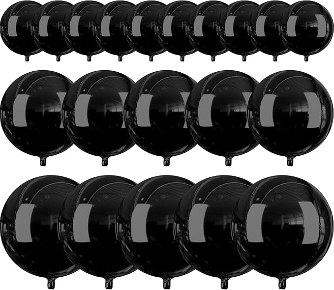 PartyWoo Black Foil Balloons 20pcs Different Sizes Pack of 22 15 10 Inch Large Round Foil 4D Inflatable Mirror Ball Mylar Balloons for Halloween Graduation Birthday Retirement Party Decorations
