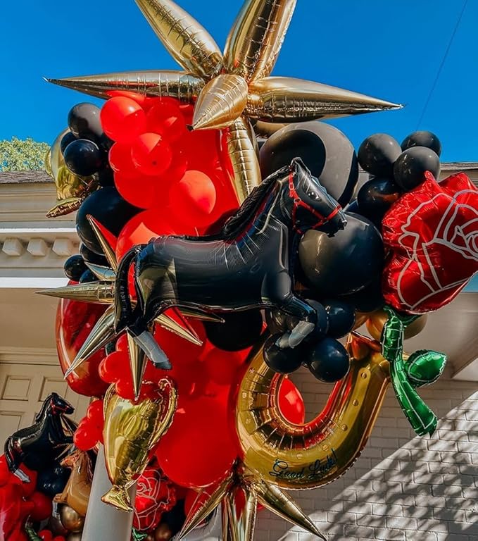 Derby Balloon Garland Arch Kt, 144pcs Red Black Gold Balloons with Rose Horse Horseshoe Foil Balloons for Run for the Rose Kentucky Party Rodeo Birthday Horse Racing Decorations