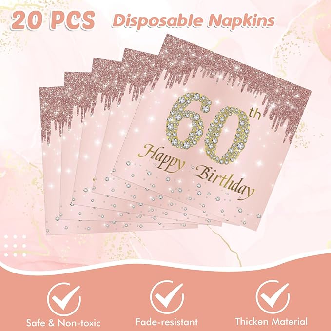 41Pcs 60th Birthday Decorations - Rose Gold Party Supplies Include Plates, Napkins and Tablecloth for Sweet Sixty Celebration