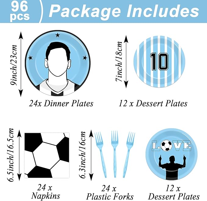 96Pcs Soccer Paper Plates and Napkins Soccer Star Disposable Tableware Set Blue and White Sports Ball Plates Set Sport Party Dinnerware Decorations for Birthday Baby Shower Party Decorations Supplies
