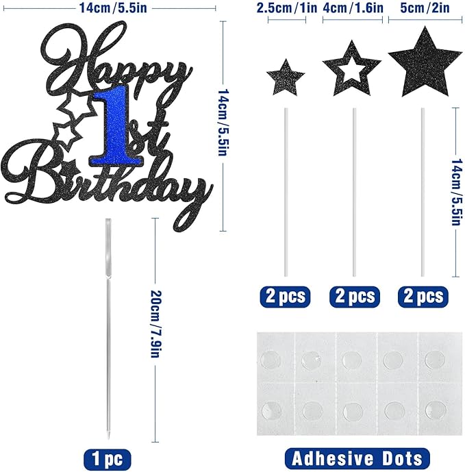 Happy 1st Birthday Cake Topper, One Cake Topper 1st Birthday Boy, Black Blue Glitter Cake Decoration, First Birthday Cake Topper, 1 Years Old Baby Birthday Party Cake Decor Supplies