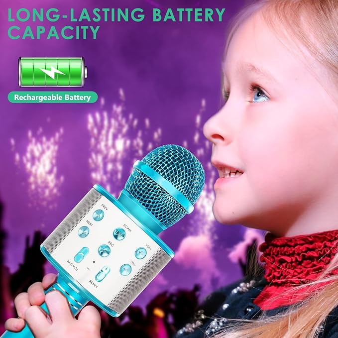 Wireless Bluetooth Karaoke Microphone for Kids, 5-in-1 Portable Handheld Karaoke Mic Speaker Player Recorder with Adjustable Remix for Kids Girls Boys Teens Birthday (Blue)