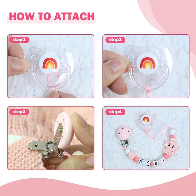 SCOM Reborn Baby Dolls Accessories Set - Rainbow Transparent Magnetic Pacifiers & Removable Reusable Baby Doll Bottles with Silicone Pacifier Clips for Reborn Dolls Girls, Pink Style, 3 Pcs