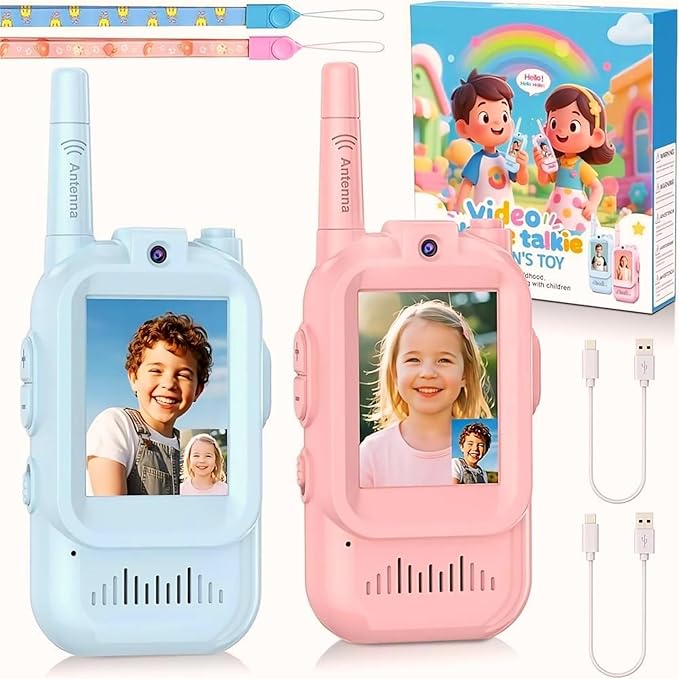 Kids Video Walkie Talkies 2 Pack, Rechargeable with HD Screen & 4 Voice Changers, Long Range Two-Way Radios Toys for Indoor-Outdoor Camping, Gifts for Boys Girls Ages 3-8 (Blue/Pink)
