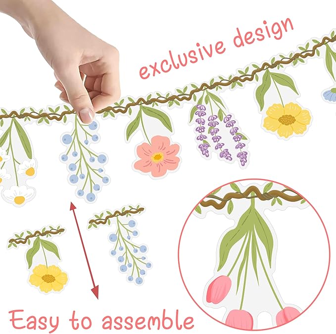 Flower Party Banner Wildflower Garland Spring Floral Party Decorations 2PCS Enchanted Garden Hanging Banner Decor for Flower Theme Wedding Wild One Birthday Baby Shower Valentine's Supplies