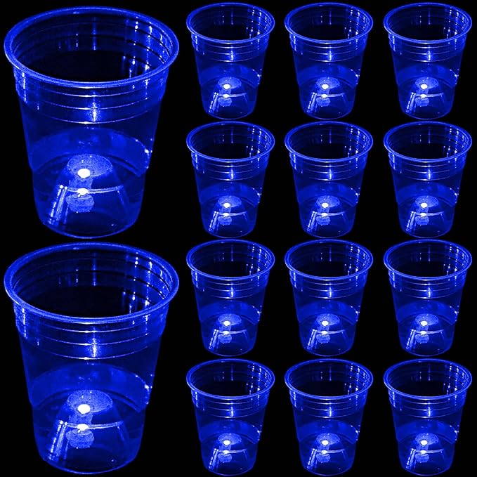 mishunyus Glow in The Dark Blue Party Cups 24 Pack (16 oz) - LED Light Up Plastic Cups for Birthday Weddings BBQ Beach Holiday Decorations, Reusable Drinking Cups for Club Events & Nighttime