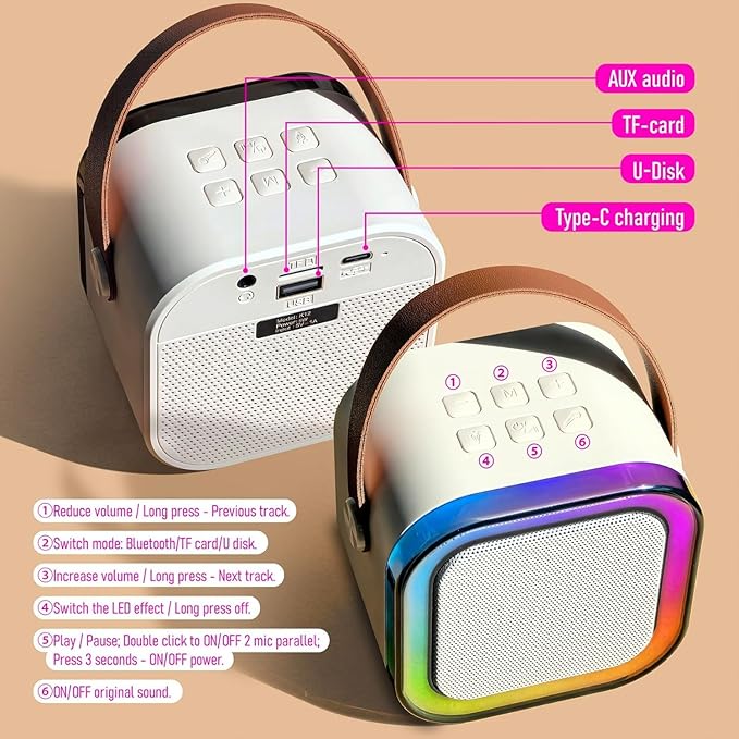 Mini Karaoke Machine for Kids with 2 Wireless Microphones and Lights, Bluetooth Connect Phone to Sing, 4-12+ Year Old Girl Boy Birthday Gifts, Teen Girl Gifts Trendy Stuff