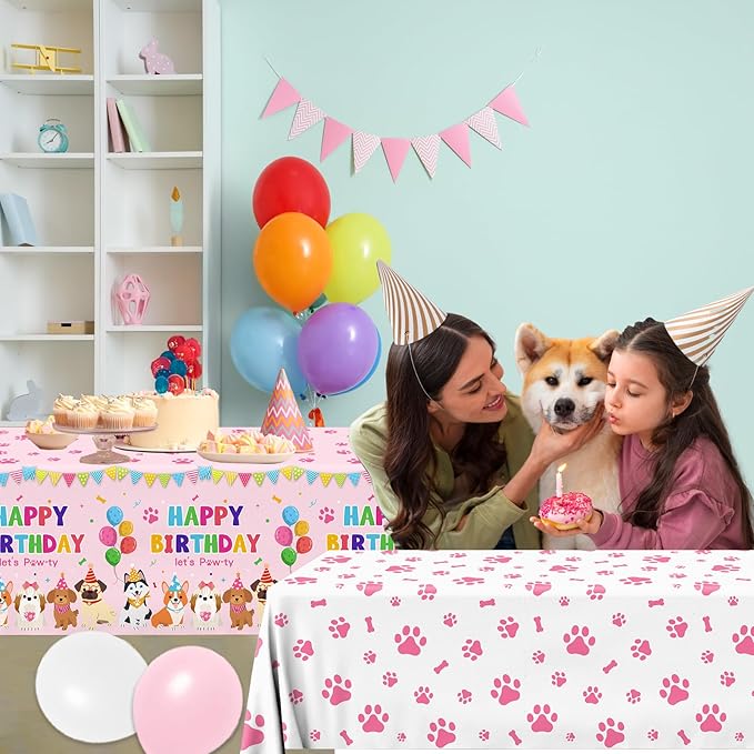4 Pack Puppy Dog Tablecloth Pink Paw Print Table Cloth Disposable Rectangle Table Cover for Girls Kids Birthday Party Supplies, Puppy Pet Dog Themed Birthday Party Decorations