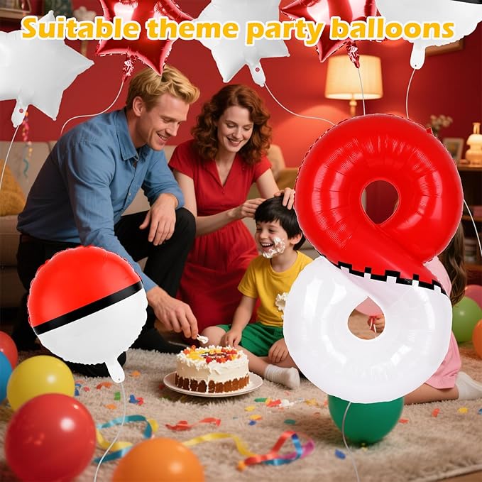 40 Inch Red & White Cartoon Themed Theme Number Balloon, Number Block Foil Number 8 Balloons Large Big Numbers Helium Balloon for Girls Boys 8th Birthday Theme Party Decorations (Number 8)