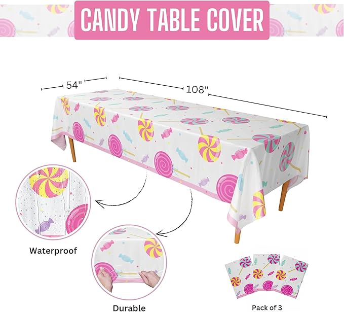 Blue Orchards Candy Table Covers (Pack of 3) - 54"x108" XL - Table Cloth, Party Supplies, Decorations, Lollipop Birthday Party, Halloween