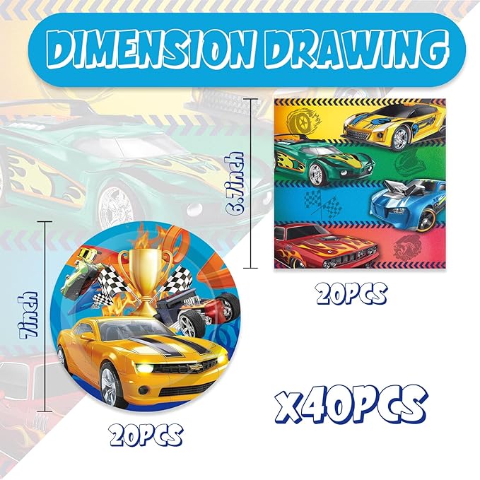 40Pcs Race Car Birthday Party Decorations Hot Cars Plates and Napkins Hot Cars Party Favors Serve 20 Guests Hot Cars Birthday Party Decorations for Boys