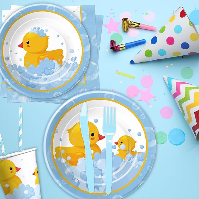 APOWBLS Rubber Duck Decorations Tableware - Bubble Bath Rubber Duck Party Supplies For Baby Shower Birthday, Paper Plate, Napkin, Tablecloth, Disposable Fork | Serves 24
