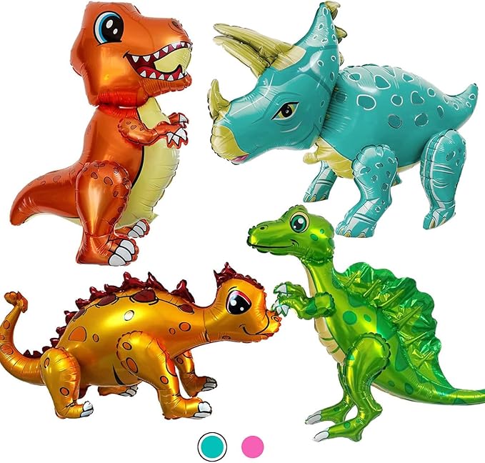 Giant 3D Dinosaur Balloon for Birthday Party Decorations, Cute Self Standing Dino Balloons, Aluminium Foil Balloons for Birthday Party Supplies Decor (4pack Dino)