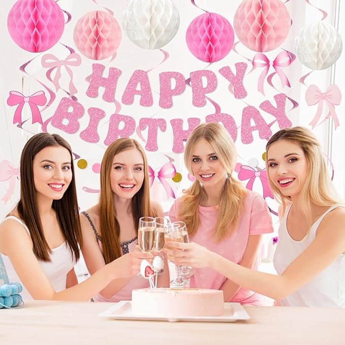 Amandir Pink Birthday Decorations for Girls Women, Glitter Happy Birthday Banner with Honeycomb Balls, Bow Hanging Swirls Streamers, Circle Dots Garland, Coquette Party Decorations