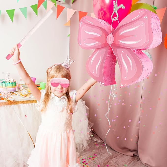 Hooqict Pink Bow Pinata with Blindfold and Bat Stick Pink Girls Pinata for Birthday Party Girls Kids Bow Birthday Party Supplies Decorations (Small Size 16"x13"x3")