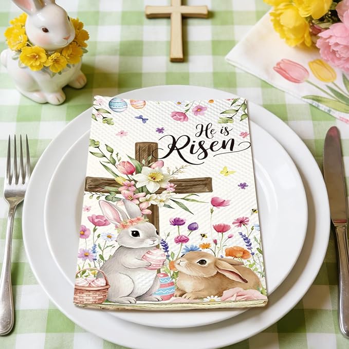 100Pcs He Is Risen Easter Napkins - Watercolor Bunny Rabbit Flower Egg Party Napkins Spring Floral Theme Party Supplies Disposable Luncheon Dinner Napkins 7.8" x4.3" for Tea Party Kitchen