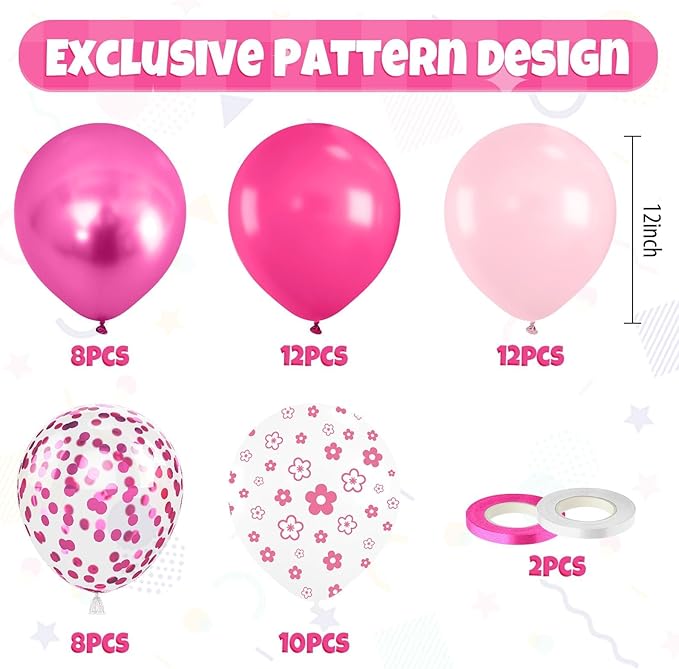Hot Pink Balloons, 50Pcs 12 Inch Macaron Metallic Pink White Flower-Printed Magenta Confetti Birthday Balloons for Girls Women Birthday Princess Theme Party Decorations Bridal Baby Shower Wedding