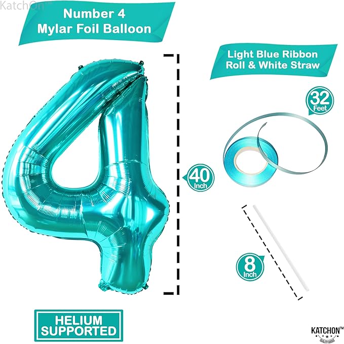KatchOn, Giant Aqua Blue Number 4 Balloon - 40 Inch | Mermaid Number 4 Balloon for Birthdays | 4th Birthday Balloons, Mermaid Birthday Decorations | Teal 4 Balloon for Aqua Blue Party Decorations