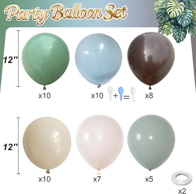 Woodland Balloons, 12 Inch Sage Green Brown and Sand White Balloon Double Stuffed Blue Balloon for Woodland Safari Jungle Forest Wild One Baby Shower Birthday Party Decorations