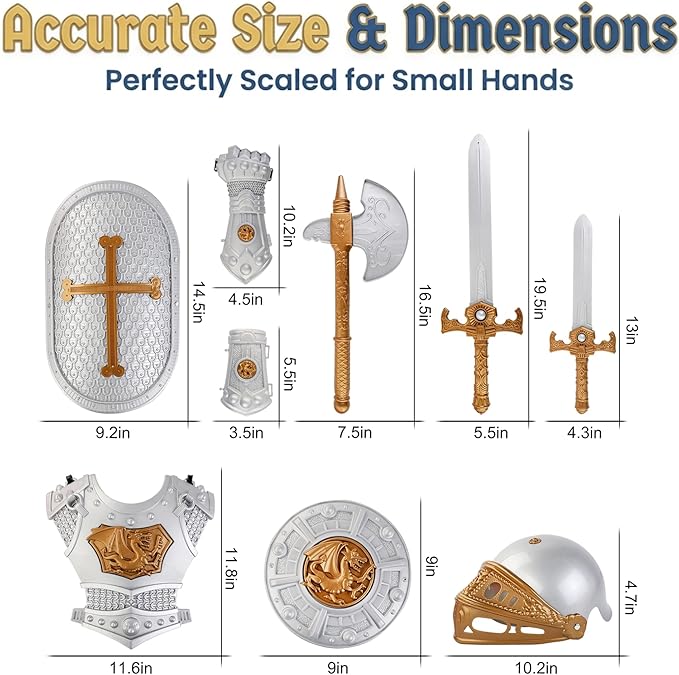 Liberty Imports Medieval Knight in Shining Armor, Kids Crusader Pretend Role Play Plastic Costume Dress Up Cosplay with Toy Swords, Axe, Shield, Weapons & Accessories Playset