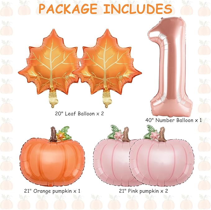 6pcs Little Pumpkin Is Turning One Decorations First Birthday Decorations for Girl with 40" Rose Gold One Balloon, Dusty Pink & Orange Pumpkin Foil Helium Balloons for Fall Birthday