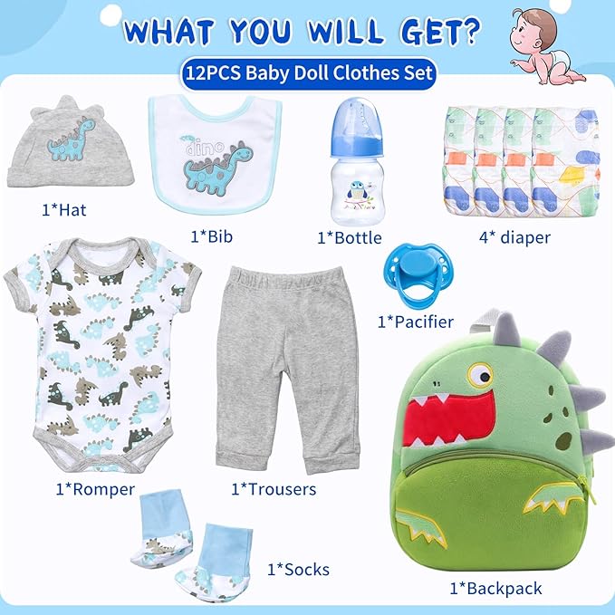 PEDOLLTREE Reborn Baby Dolls Clothes Accessories Dinosaur Outfit Set 12 Pcs Set for 17-22 Inch Reborn Doll Newborn Baby Boy with Green Dinosaur Backpack