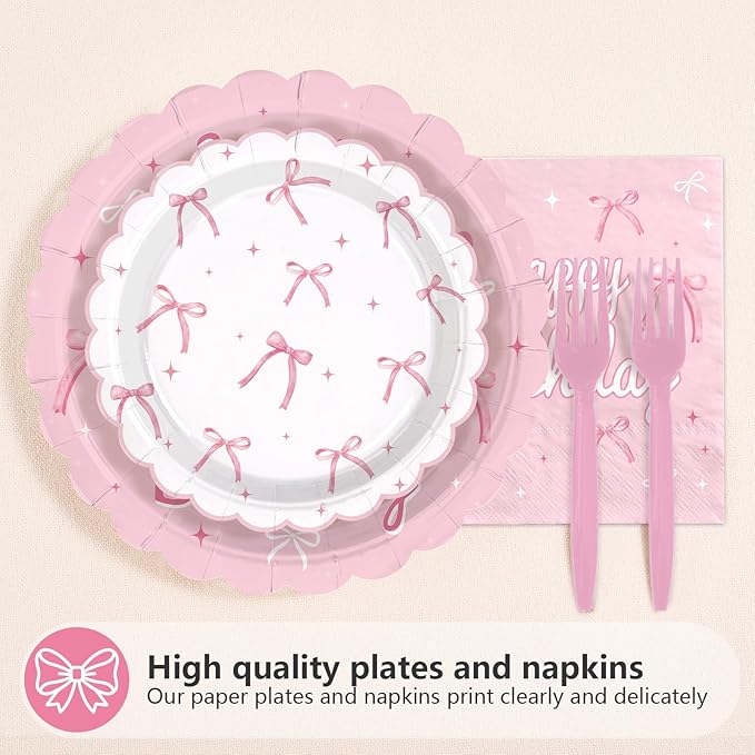 96Pcs Pink Bow Party Supplies Coquette 19th Birthday Party Plates and Napkins Disposable Bow Themed Tableware Set for Girl Happy 19th Birthday Baby Shower Decorations, Serves 24