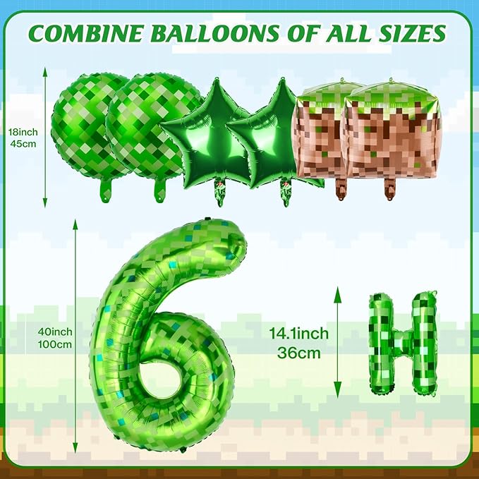 Green Pixel Themed Happy Birthday Banner Party Decorations Set Including 40 Inch Number 6 Foil Balloons, Themed Party Essentials, TNT Pixel Backdrop Supplies for Boys Indoor Outdoor Celebration