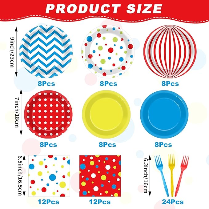 96Pcs Carnival Party Supplies Circus Theme Plates Napkins Tableware Set Red Blue Carnival Party Decorations Dinnerware for Kids Birthday Baby Shower Circus Favors Serves 24 Guests