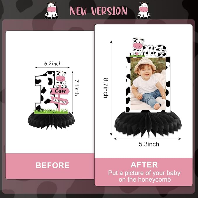 Holy Cow Im One Birthday Decorations, Cow First Birthday Decorations Honeycomb Centerpiece for Table, Baby 1st Birthday Cow Themed Photo Table Centerpiece Party Supplies