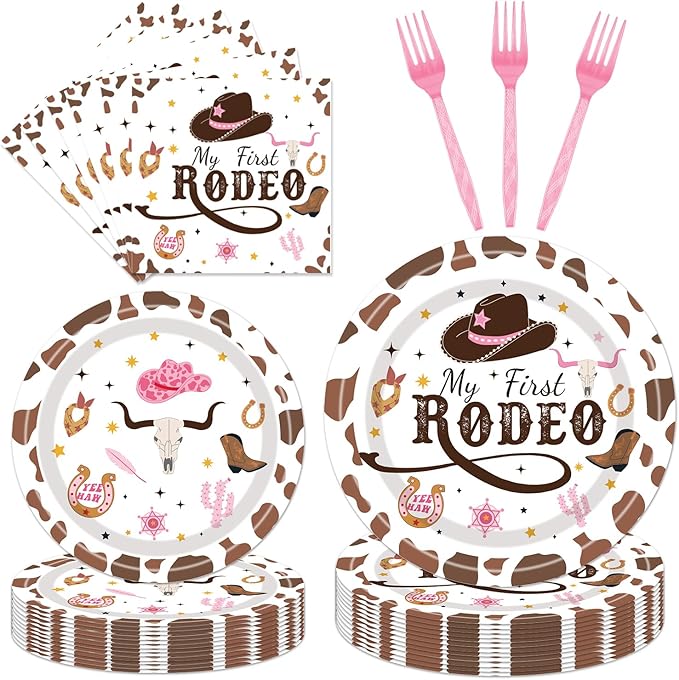 96PCS My First Rodeo Plates and Napkins Party Supplies Cowgirl Birthday Party Decorations Western Cowgirl Rodeo Disposable Tableware Set for 1st Birthday Serve 24 Guests