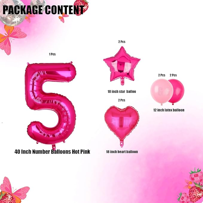 40 Inch Number Balloons Hot Pink 5 Large Number Balloon Anniversary Event Celebration Bachelorette Cowgirl Let's Go Girls Pink Themed 5th Birthday Party Decor Supplies 9 Pcs
