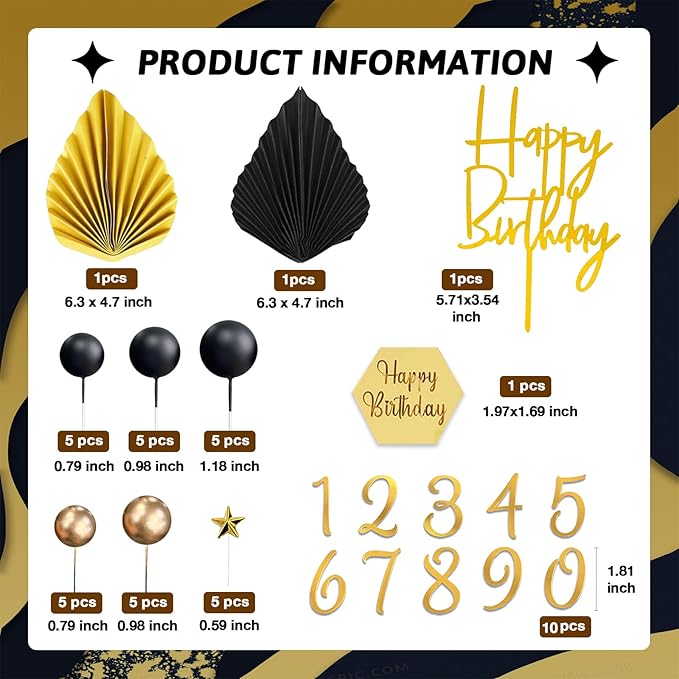44Pcs Balls Cake Topper Man Cake Decorations with Black Gold Balls Palm Leaves Acrylic Numbers 0-9 and Happy Birthday Cake Toppers for Men Boy Black Theme Birthday Baby Shower Wedding Party Supplies