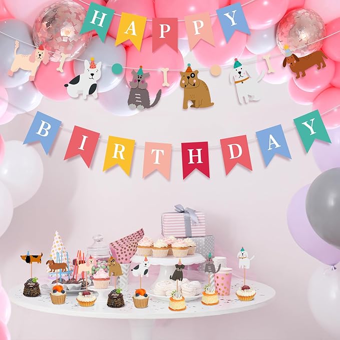 51 Pcs Dog Themed Birthday Party Supplies Set Happy Birthday Banner Cute Dog Face Cupcake Toppers Banner Backdrop Cake Toppers Colorful Decorations for Doggie Lover Puppy Themed Baby Shower