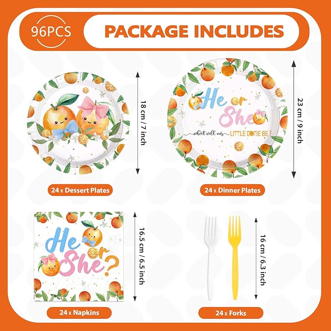 96 Pcs Little Cutie Gender Reveal Party Decorations Orange Theme Plates and Napkins Cute Orange Tableware Set for He or She Gender reveal Baby Shower Party Supplies, Serves 24