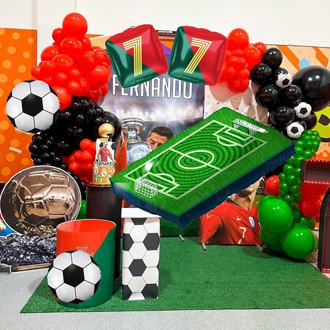 Number 7 Soccer Star Balloon Set - 4 Red and Green National Team Jersey Balloons 1 Football Field Balloon | Perfect for Soccer Birthday Party Decorations | Legendary Football Fans Party Supplies