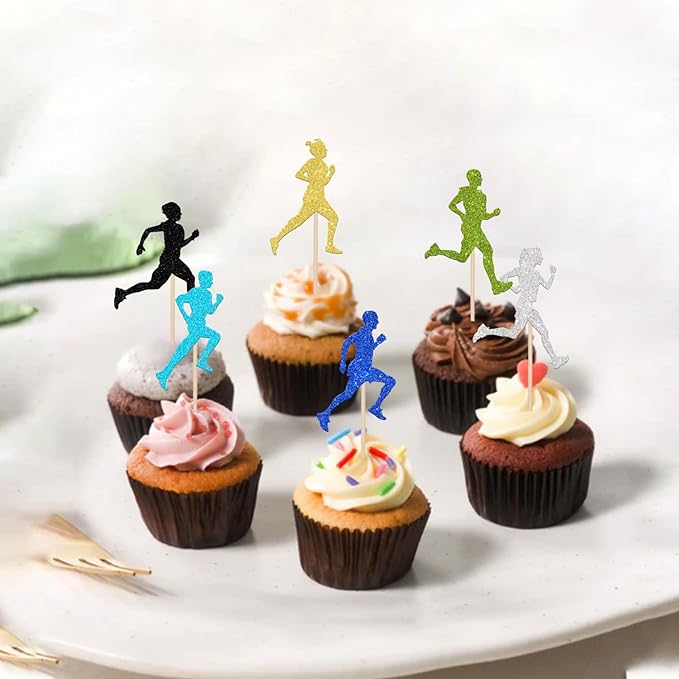 24 PCS Running Cupcake Toppers Colorful Glitter Sports Fitness Cupcake Picks for Running Theme Boys Girls Marathon Birthday Party Cake Decorations Supplies