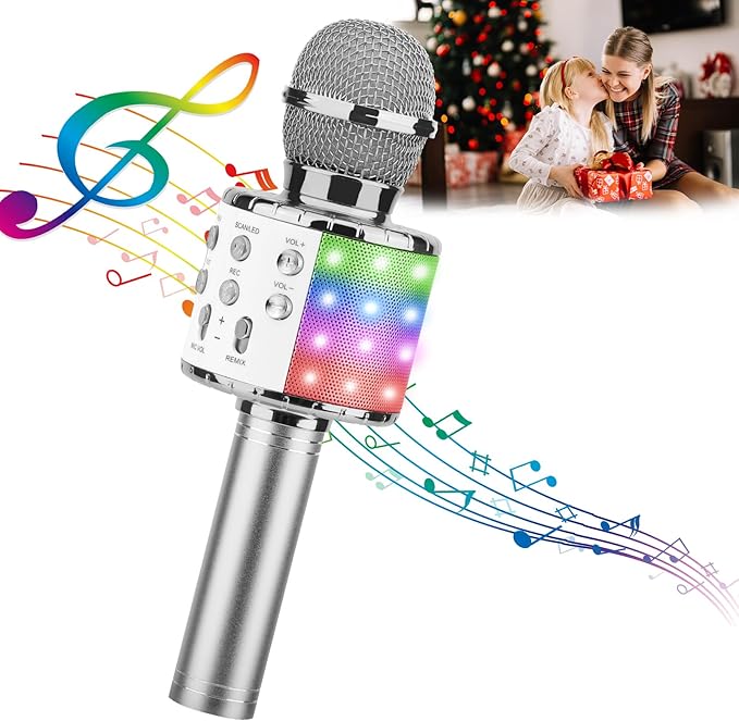ShinePick Karaoke Microphone, 4 in 1 Wireless Microphone with LED Lights Handheld Portable Karaoke Machine, Home KTV Player, Compatible with Android & iOS Devices (Silver)