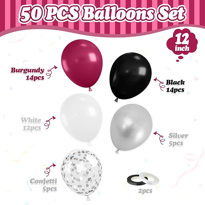 FunHot Maroon Balloons, 50 Pcs Burgundy Black Balloon, 12 Inch Burgundy Metallic Silver Confetti Latex Balloons for Birthday Wedding Baby Shower Bridal Shower Graduation Anniversary Party Decorations