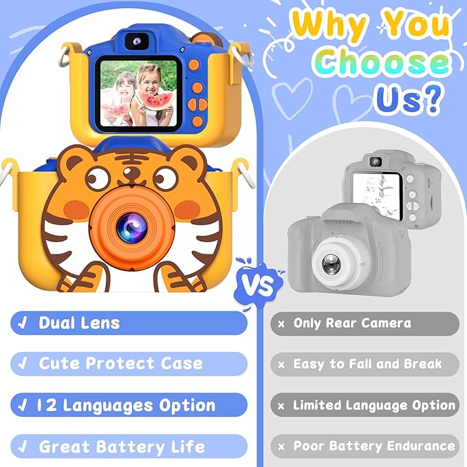Kids Camera, Toddler Digital Camera, Tiger Dual Cameras, 1080P Video and Dual Cameras, 6 Kinds of Filters with 32GB SD Card, Christmas Birthday Present for 3 + Year Old Girls Boys