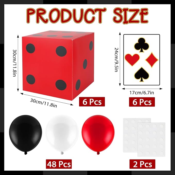 CHUNNIN 60 Pcs Casino Theme Party Decoration Casino Party Boxes Balloon Poker Cards 11 Inch Large Dice Favor Boxes 6 Pcs Jumbo Playing Cards for Dice Game Night Table Centerpieces Birthday Supplies