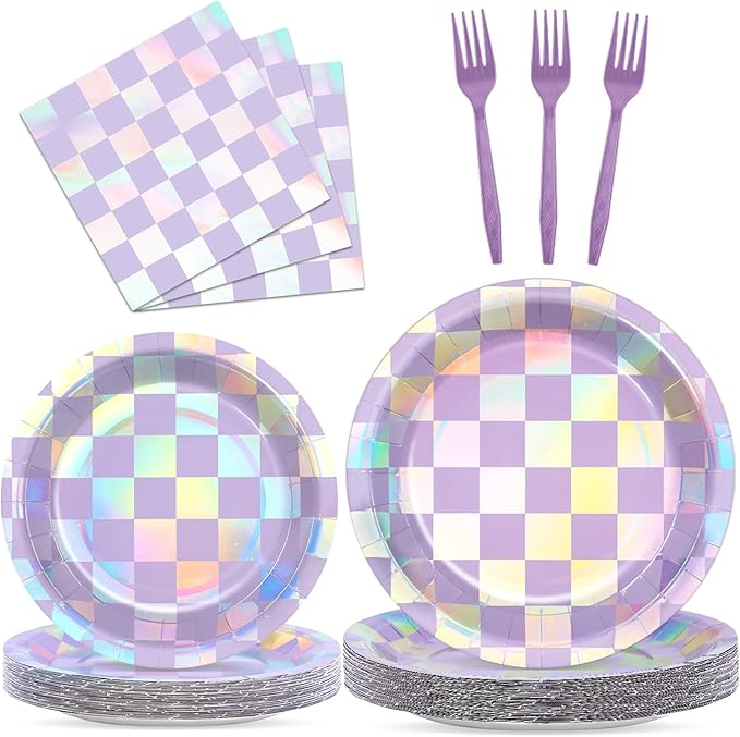 96Pcs Iridescent Birthday Party Supplies Purple Checkered Paper Plates Napkins Holographic Party Tableware Set Sparkle Tableware for Birthday Baby Shower Bachelorette Decoration Serve 24