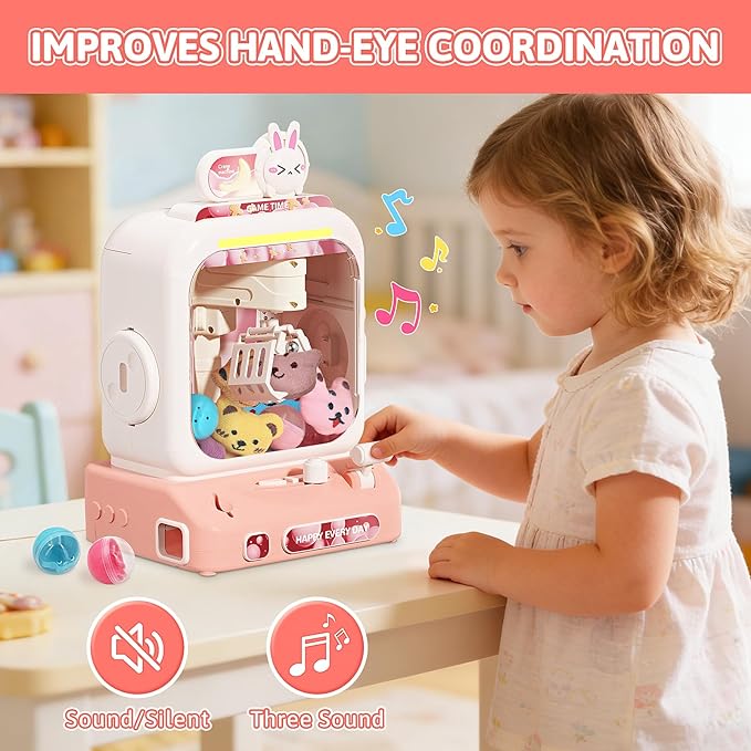 Claw Machine for Kids, Mini Vending Machines with Music Candy Grabber Prize Dispenser Toys for Girls Boys Age 3 4 5 6, Pink Electronic Claw Game Machine for Party Birthday Chirstmas Gifts (Rabbit)