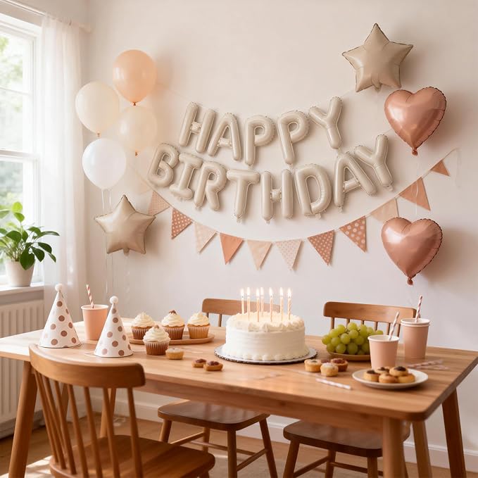 29 PC Cream Happy Birthday Balloon Banner, 16 Inch 3D Aluminum Letter Banner Sign, Apricot Champagne Gold Ivory White Balloon 18 Inch Star Heart Foil Balloons for Kids, Women, Men Party Supply