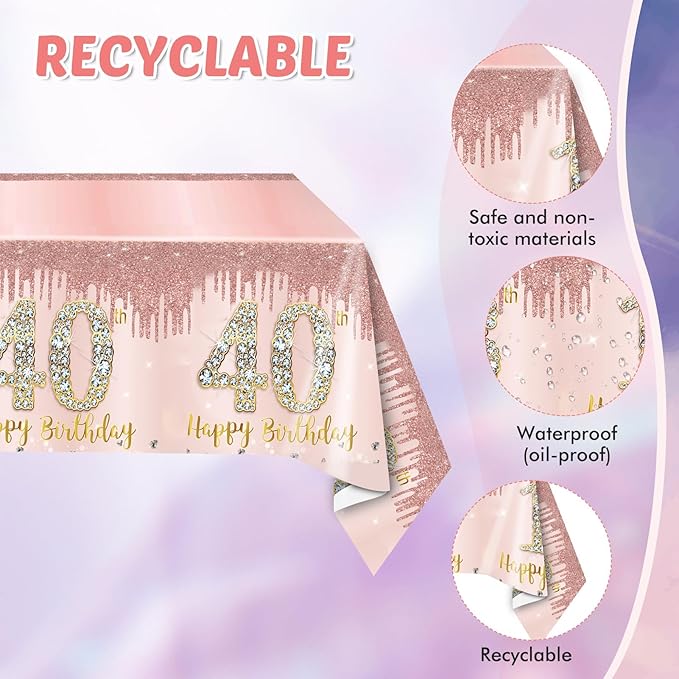 40Pcs 40th Birthday Decorations for Women 1986 Birthday Table Disposable Tableware Kit Rose Gold 40th Birthday Plates and Napkins Set 40th Birthday Tablecloth for Women Forty Birthday Party Supplies