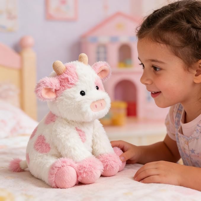 Hopearl Adorable Plush Cow Toy Floppy Dairy Cattle Soft Stuffed Animal Cute Birthday Gifts for Boys Girls Kids Toddlers, Pink, 9''