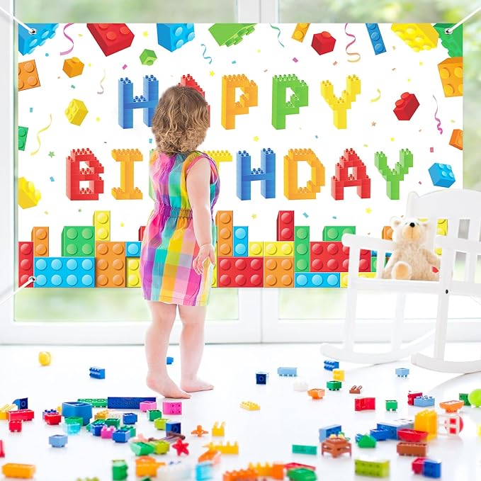 Panelee Building Block Birthday Banner Building Blocks Party Backdrop Decoration Happy Birthday Banner Photography Background for Party, 72.8 x 43.3 Inch(White)
