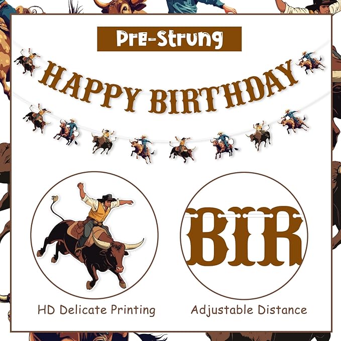 JOYMEMO Bull Riding Birthday Banners, Bull Riding Birthday Decorations for Boys, Man, Cowboy Theme Party Supplies, Pre-strung, Cardstock