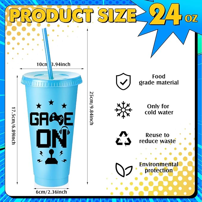 16 Pcs Video Game Plastic Cups Gaming Party Favor with Lids and Straws 24 oz Gamer Reusable Tumbler Water Mug for Fun Video Birthday Party Supplies for Adults (Gray Light Blue Black Dark Blue)