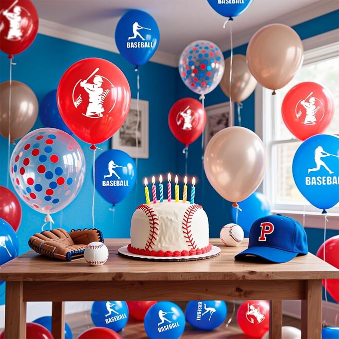 Baseball Balloons, 16Pcs 12Inch Red Blue Brown Confetti Baseball Party Balloons for Boys Kids Boy Baseball Birthday Sport Party Decorations Sports Themed Baby Shower Graduation Party Supplies